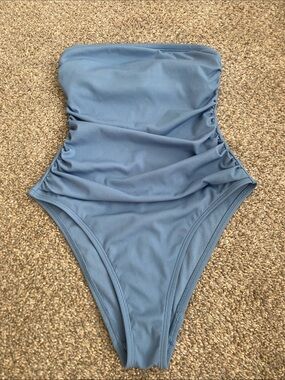 Shade & Shore Strapless Ribbed One-Piece Swimsuit in Dusty Blue